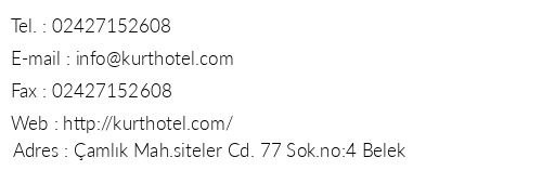 Kurt Hotel telefon numaralar, faks, e-mail, posta adresi ve iletiim bilgileri